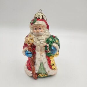 Lao Mai Glass Blown Glass Santa Ornament Red Quilted Coat Wreath and Staff
